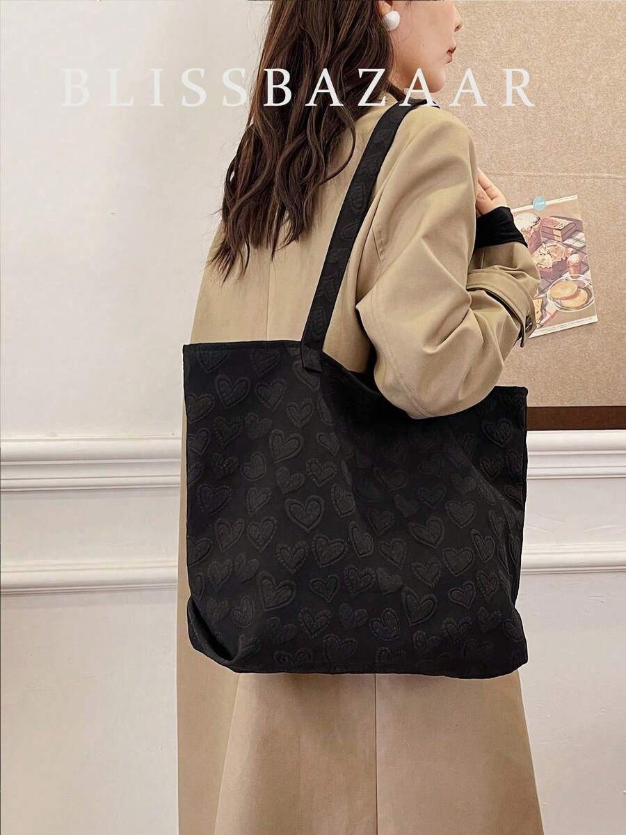 休閒時尚心型大容量單肩手提包情人節約會黑色 - 黑色 - 查看 1