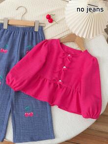 [Không phải denim] Bộ 2 áo cardigan cổ tròn màu trơn đơn giản cho bé gái kèm quần ống đứng in họa tiết trái cây, thích hợp mặc hàng ngày, ở nhà, ngoài trời, xuân/thu - Hồng - Xem 3