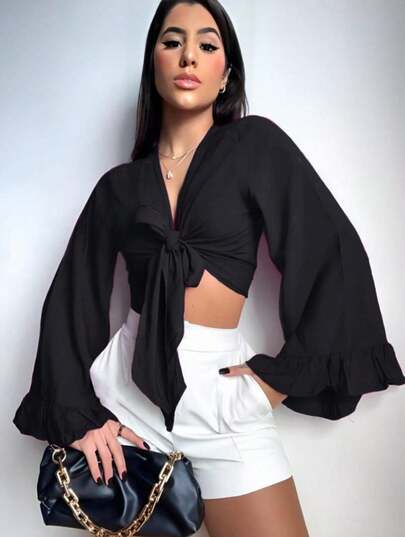 Blusa sexy de fiesta para mujer, con escote en V, asimétrica, con volantes y mangas acampanadas, de poliéster, hasta la muñeca, con elasticidad media