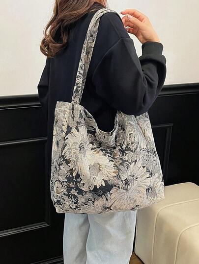 女士花卉图案休闲手提包，大容量单肩包