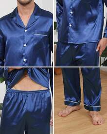 BigKing Conjunto de Pijama de satén de Seda para Hombre, Conjunto de Pijama para Hombre, Suave, Manga Larga, Abotonado - Burdeos - Ver 7