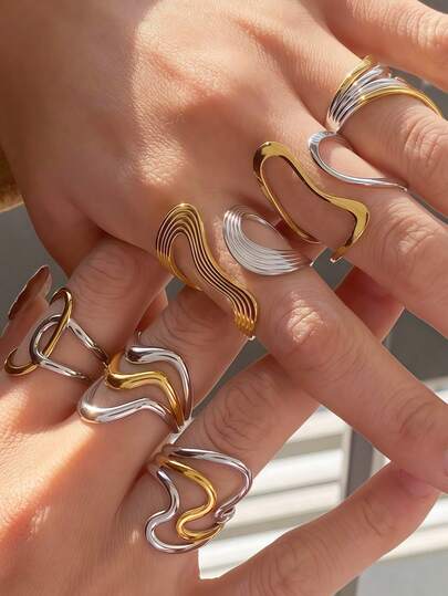 6pcs Stainless Steel 18K Gold Plated Dual-Tone Artistic Gold Color Personalized Rings, Party Favor, Ins Style, Women's Jewelry, Gold Rings, Elegant Rings, Exquisite Gift, Color Blocking Design, Women's Gold Rings, Geometric Design, Asymmetrical Rings, Unique Design Rings