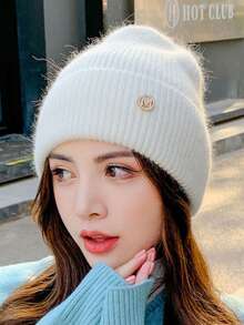 1pc Knit Cuffed Beanie Hats Metal Tag For Women Winter Rabbit Fur Plush Knitted Caps Soft Slouchy Warm Snug Snow Ski Running Unisex Adult Knit Hat Large Head Circumference, Face-Lifting And Warm,