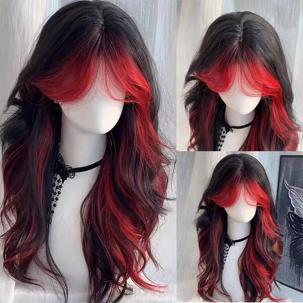 Synthetic Black Red Wig Ladies Middle Part Natural Large Waves Long Curly Hair Daily Cosplay High Temperature Silk Headgear