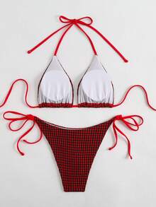 Bộ bikini hai mảnh màu đỏ kẻ caro gợi cảm dành cho nữ, quần bơi buộc dây bên hông, chất liệu hơi co giãn, thích hợp cho kỳ nghỉ. - Đỏ - Xem 2