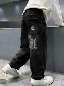 男童时尚保暖内衬卡通刺绣牛仔裤 - 黑色 - 查看 5