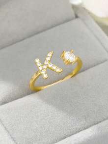 锆石首字母 A-Z 戒指，女士可调节开口戒指，姓名字母表，女性结婚珠宝礼物 - 金黃色 - 查看 5