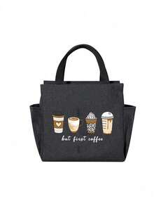 2pcs/Set Lunch Bag Insulated Bag, Printed Coffee Pattern Lunch Bag, With Black Cutlery Storage Bag, Double Pocket Lunch Box Bag, Large Capacity, Student Teacher Meal Insulated Cooler Bag, Portable Travel Picnic Bag, Office School Lunch Bag, Insulated Lunch Box, Work Lunch Box, Office Holiday Lunch Box, Multifunctional Camping School Lunch Box, Unisex, Back To School Gift