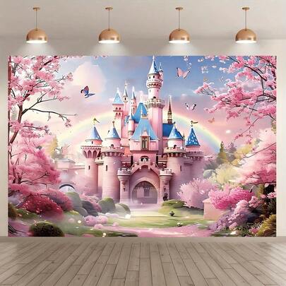 1 pieza Fondo de castillo de cuento de hadas con bosque de flores de cerezo rosa y arcoíris, de poliéster, sin necesidad de energía, para fotografía, cumpleaños, boda, decoración de fiesta de princesa
