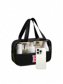 1个多功能PVC洗漱包，透明PVC化妆包，大容量化妆包，DIY字母设计化妆包，防水旅行收纳包，简约字母贴纸旅行化妆包，适用于化妆品、香水，适合海滩、学校、浴室、节日、母亲节、圣诞节等场合，是送给妈妈、家人、朋友的绝佳礼物，男女通用旅行洗漱包，浴室化妆包 - 黑色 - 查看 11