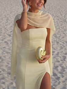 Elegant Strapless Slit Gown - Minimalist Bandage Dress With Flowing Sash, Sexy Evening Dress For Galas & Red Carpet - 黃色 - 查看 4