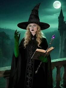 1 pieza/4 piezas Accesorios de disfraz de bruja de Halloween, que incluyen sombrero de bruja, mangas con uñas largas, gafas sin receta, bolsa para los ojos, adecuado para fiestas festivas, cosplay, desfiles