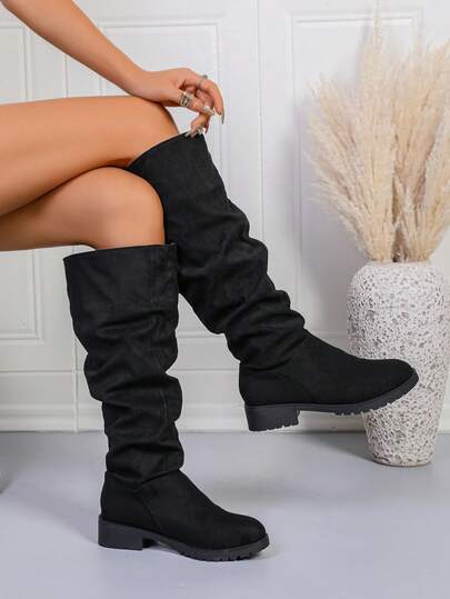 1 Pair Teenage Wrinkled Tall Boots, Long Boots, High-Top Riding Boots, 2025 Versatile Casual Retro Western Style Boots