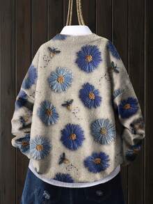 3D Floral Print Knit Sweater - All-Over 3D Daisy Pattern, Lightweight Sweater, Suitable For All Seasons, Loose Casual Jacket, Structured And Slimming - Blue - View 2