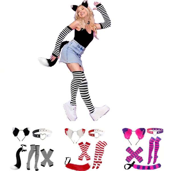 Conjunto de disfraz de 5 piezas que incluye: diadema con cola de gato, lobo o zorro, guantes elásticos a rayas, medias altas a rayas, cuello de color contrastante, adecuado para fiestas y cosplay