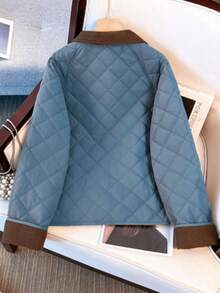 时尚拼布绗缝领宽松长袖棉服外套，带口袋和纽扣