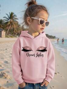 1 件年轻女孩休闲印花连帽运动衫，保暖内衬，长袖，秋冬，学生装 - 可爱的眼睛和长睫毛设计，舒适的外套 - 粉色 - 查看 5