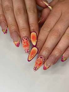 24 pezzi Adesivi per unghie lunghe e appuntite, con fiori 3D, gocce d'acqua, stelle marine e perle, set di unghie indossabili adatto per donne, per uso quotidiano, appuntamenti e feste (con: 1 pezzo di colla gel e 1 lima)