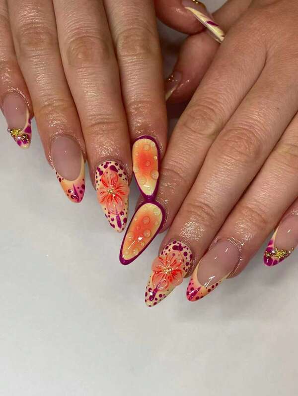 24 pezzi Adesivi per unghie lunghe e appuntite, con fiori 3D, gocce d'acqua, stelle marine e perle, set di unghie indossabili adatto per donne, per uso quotidiano, appuntamenti e feste (con: 1 pezzo di colla gel e 1 lima)