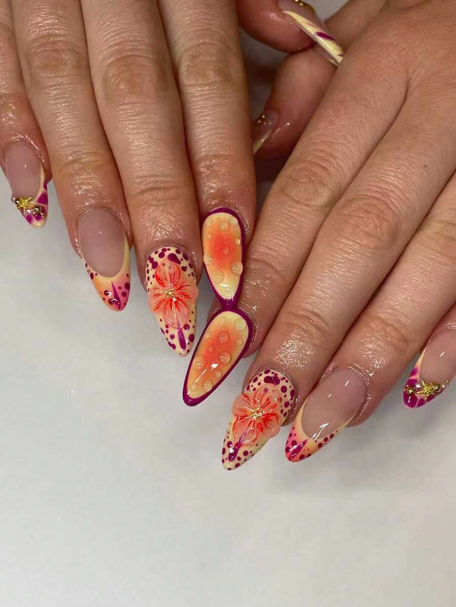 24 pezzi Adesivi per unghie lunghe e appuntite, con fiori 3D, gocce d'acqua, stelle marine e perle, set di unghie indossabili adatto per donne, per uso quotidiano, appuntamenti e feste (con: 1 pezzo di colla gel e 1 lima)