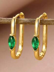 1 Coppia di Orecchini a Cerchio Quadrati con Zirconia Ovale Verde, Placcati in Oro, in Acciaio Inossidabile, Gioielli per Orecchie di Lusso, Regali per Feste