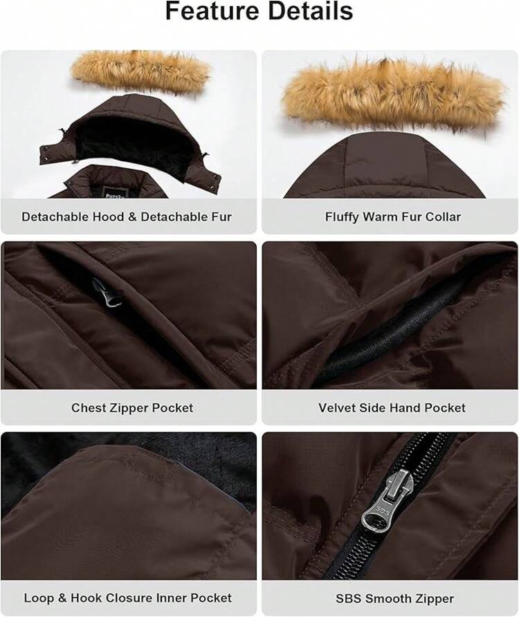 Men's Puffer Waterproof Winter Bubble Coats Ski Parka Fur Hooded - Cà phê - Xem 10
