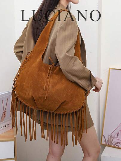 Nova bolsa grande de cor sólida da série Maillard para outono e inverno, com borlas, retrô, veludo fosco, grande capacidade, bolsa tote casual, para viagem diária, bolsa de ombro para compras, bolsa de axila marrom