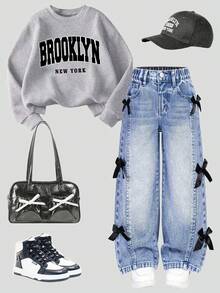 Tween Girl Letter Graphic Print Crew Neck Long Sleeve Top And Denim Pants Set - Grey - View 1