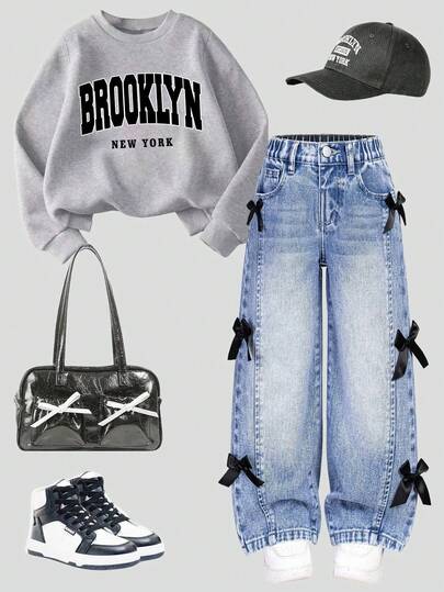 Tween Girl Letter Graphic Print Crew Neck Long Sleeve Top And Denim Pants Set