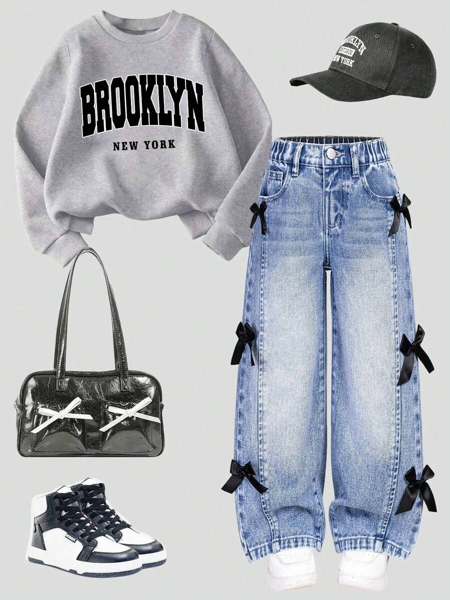 Tween Girl Letter Graphic Print Crew Neck Long Sleeve Top And Denim Pants Set - Grey - View 1