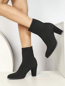 Women's Chunky Block High Heel Ankle Boots Pointed Toe Winter Dressy Short Booties - màu đen - Xem 3