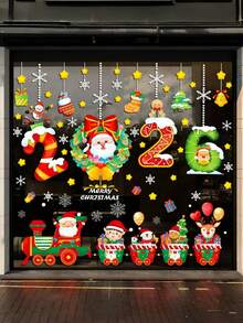Juego de pegatinas para ventanas navideñas, Feliz Navidad y Próspero Año Nuevo, pegatinas de Papá Noel, tren, copos de nieve y caja de regalo, pegatinas de PVC removibles para ventanas navideñas, decoraciones navideñas, pegatinas para ventanas con temática de tren navideño, pegatinas decorativas de Papá Noel y renos - Multicolor - Ver 6