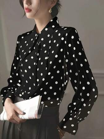 Women's Black Polka Dot Design Collar Long Sleeve Shirt, Fashionable Printed Blouse Suitable For Office Or Formal Occasions, Skin-Friendly And Easy Care Fabric, Suitable For All Seasons, Front Button