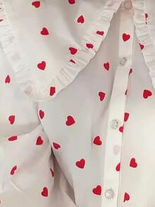 Women's Elegant French Heart Pattern Ruffle Collar Blouse - Polyester, Machine Washable, Perfect For Spring/Autumn - White - View 5