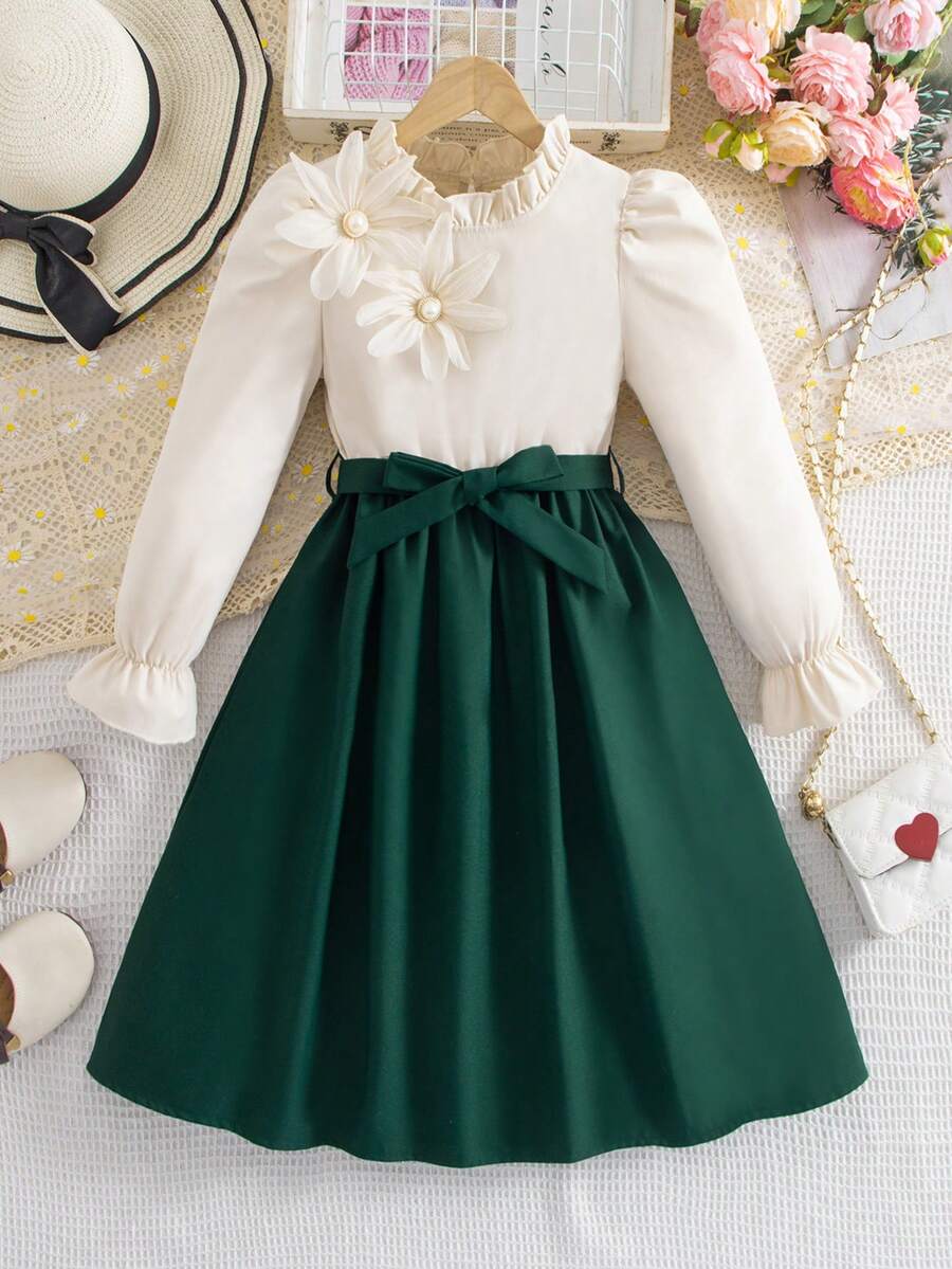 Girls' Elegant 3D Floral Beaded Design Ruffle Collar Long Sleeve Dress, Contrast Ruffle Hem And Decorative Waistband, Suitable For Spring And Autumn - Dark Green - View 1