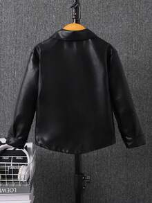 Boys' Simple & Versatile PU Leather Jacket, Long Sleeve Collar Outerwear, Fashionable Casual Soft & Comfortable Spring/Autumn Coat - Black - View 2