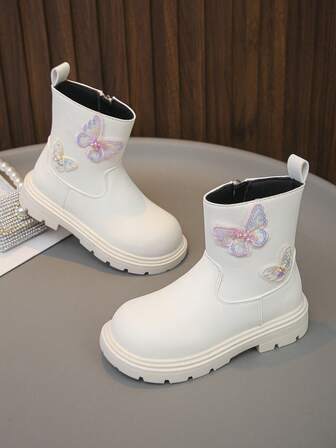1 Pair Girls' Cute & Fashionable Boots, Autumn/Winter Butterfly Decor Warm School & Outdoor Boots, Infant/Toddler Casual Boots, All Season Boots