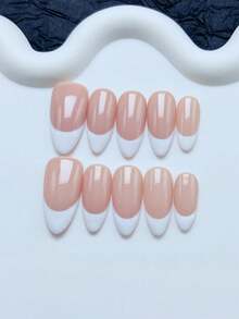 10pcs Handmade Press On Nails Almond,Simple Style,Mid-Length Nails, Handpainted White French Tip On Nude Color Nail Bed, Premium Acrylic False Nails, Suitable For Women And Girls Daily Wear, With Nail Accessories Press On Nails - trắng - Xem 4