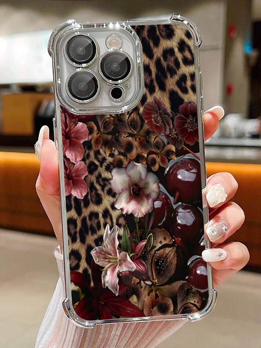 1pc Leopard Cherry Flowers Compatible With Apple Phone17/16/15/14/13/12/11/ProMax/Pro/Plus/Xs Max/XS/X,Four Corner Anti Fall Transparent Soft Shell Anti-Slip, Anti-Drop, Camera Lens Protection, Silicone Anti Wear Phone Case - 銀色 - 查看 1