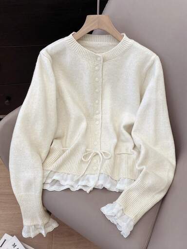 JIANHU Cream Yellow Drawstring Knit Cardigan - Fall/Winter Round Neck Button-Up With Lace Peplum Hem | Cozy Coffee Date & Christmas Party