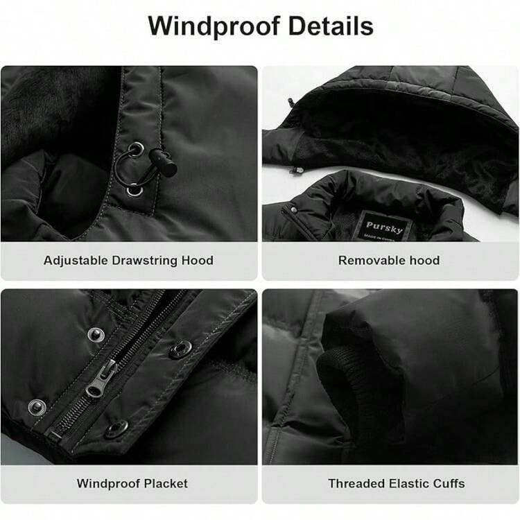 Men's Puffer Waterproof Winter Bubble Coats Ski Parka Fur Hooded - 黑色 - 查看 11