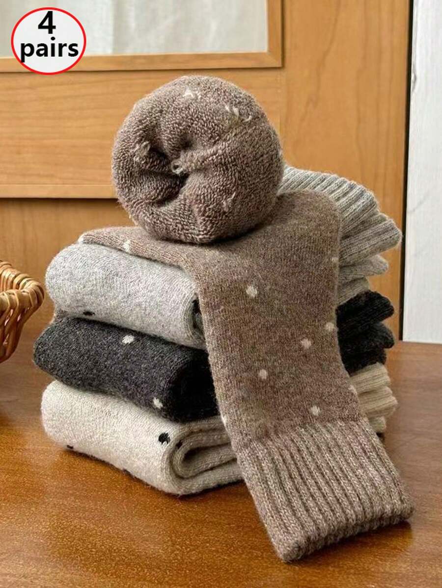 4双波点保暖内衬袜，可爱百搭复古保暖中筒袜，适合秋冬季节，舒适袜子 - 彩色 - 查看 1