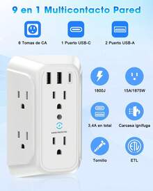 RENDIN Multicontacto,Enchufe de Carga de Tres Lados,Regleta Multicontacto Multifuncional,con USB y Tipo-C, para Hogar, Viajes, Oficina - 2 piezas - Ver 2