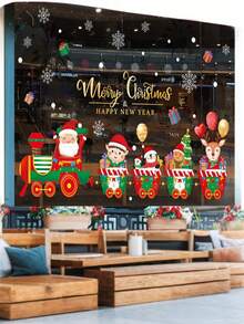 1 pieza Pegatinas navideñas para ventanas, Papá Noel, reno, hombre de jengibre, duende, tren navideño, copos de nieve pegatinas navideñas removibles para oficina, escuela, ventanas del hogar, decoración de vidrio - Multicolor - Ver 5