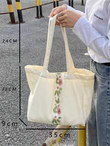 1pc Plain Embroidered Canvas Bag For Women, Large Capacity Shoulder&Handbag For School, Travel, Vacation, Wedding, Etc. - Beige - View 2