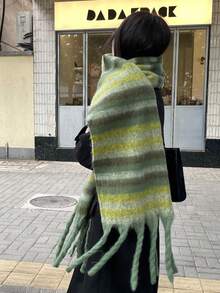 1pc Women Green Messy Braid Fleece Striped Knit Scarf For Dress