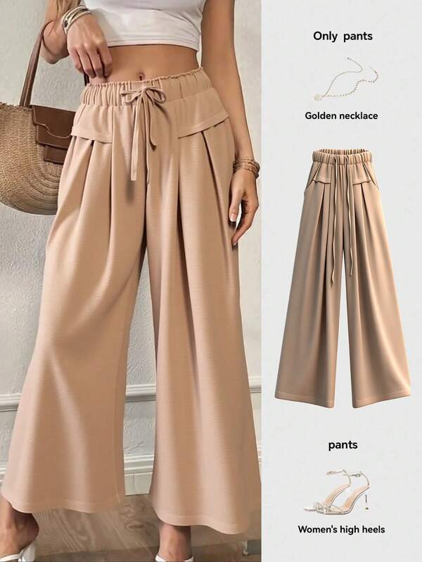 Stylish Women's Fabric Wide Leg Pants With Drawstring Detail Long Length