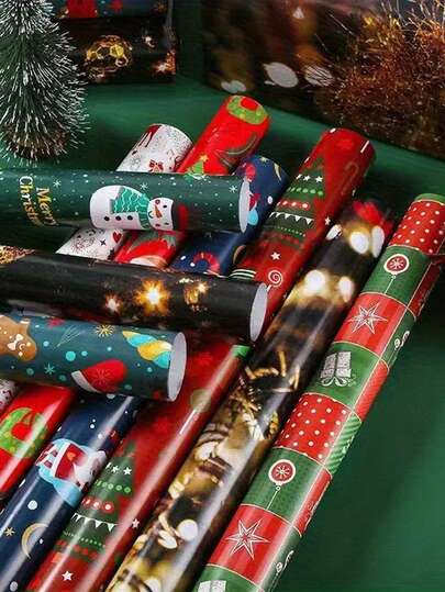 5pcs/9pcs Large Roll Christmas Wrapping Paper - Santa Claus, Reindeer, Snowman And Christmas Tree Patterns, Green And Red Holiday Design, With "Merry Christmas" Text, Durable Gift Wrapping Paper, Bright Printing Quality, Party Supplies, Tear Resistant Material, Suitable For Holiday Gifts, Christmas Gift Packaging, Fresh Flower Gift Packaging, Christmas Decoration Color And Style Random