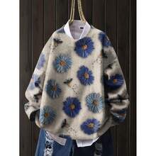 3D Floral Print Knit Sweater - All-Over 3D Daisy Pattern, Lightweight Sweater, Suitable For All Seasons, Loose Casual Jacket, Structured And Slimming - Blue - View 9