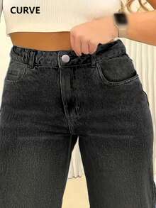 Quần jean ống đứng denim cỡ lớn có túi cài nút, khóa kéo, dài đến đầu gối, chất liệu vải không co giãn - Màu xám đen - Xem 6